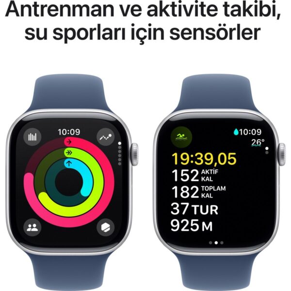Apple Watch Series 10 GPS, 46 mm Gümüş Rengi Alüminyum Kasa ve Kot Rengi Spor Kordon – M/L