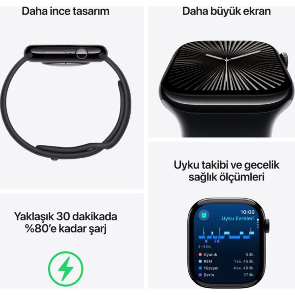 Apple Watch Series 10 GPS + Cellular 42 mm Ekran Boyutu ile Simsiyah Alüminyum Kasa Sağlık Takibi Özellikleri M/L