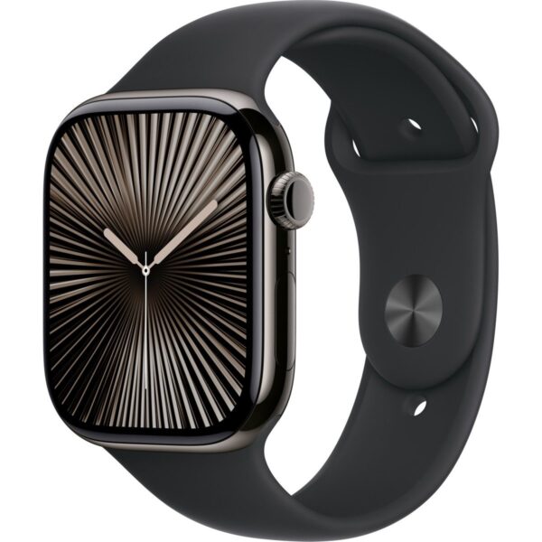 Apple Watch Series 10 GPS + Cellular, 46 mm Arduvaz Titanyum Kasa ve Siyah Spor Kordon – S/M