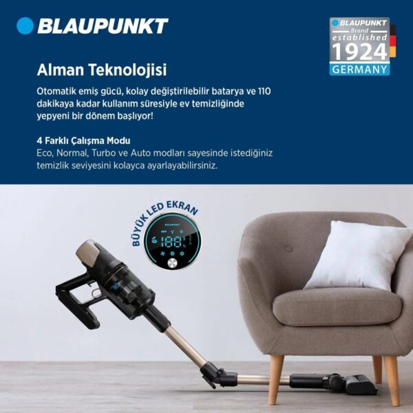 Blaupunkt A70 30.000Pa Güçlü Emişli Dikey Süpürge – 110 dk Uzun Pil | HEPA Filtre | 1 L Toz Haznesi
