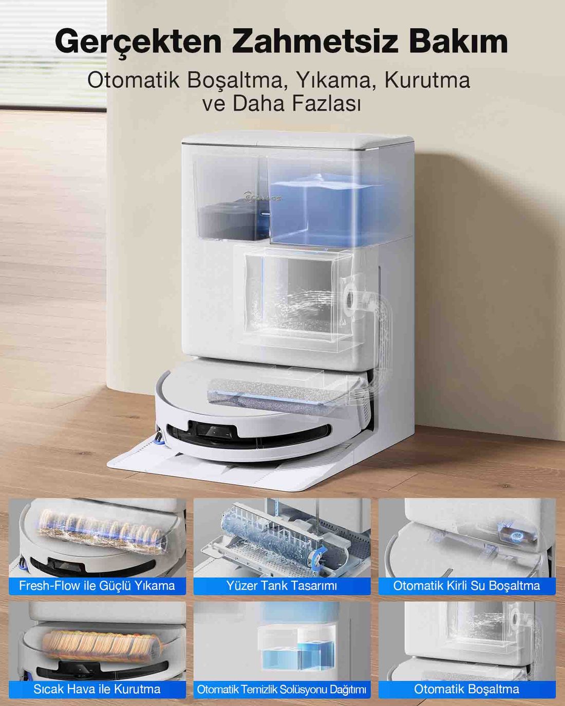 ECOVACS DEEBOT Robot Süpürge ve Paspas, 30.000 Pa Emiş Gücü, OZMO Roller 3.0, Triple Lift Teknolojisi, TruePass 4WD Engelleri Aşma, Akıllı Navigasyon, Temiz Su ile Basınçlı Yıkama