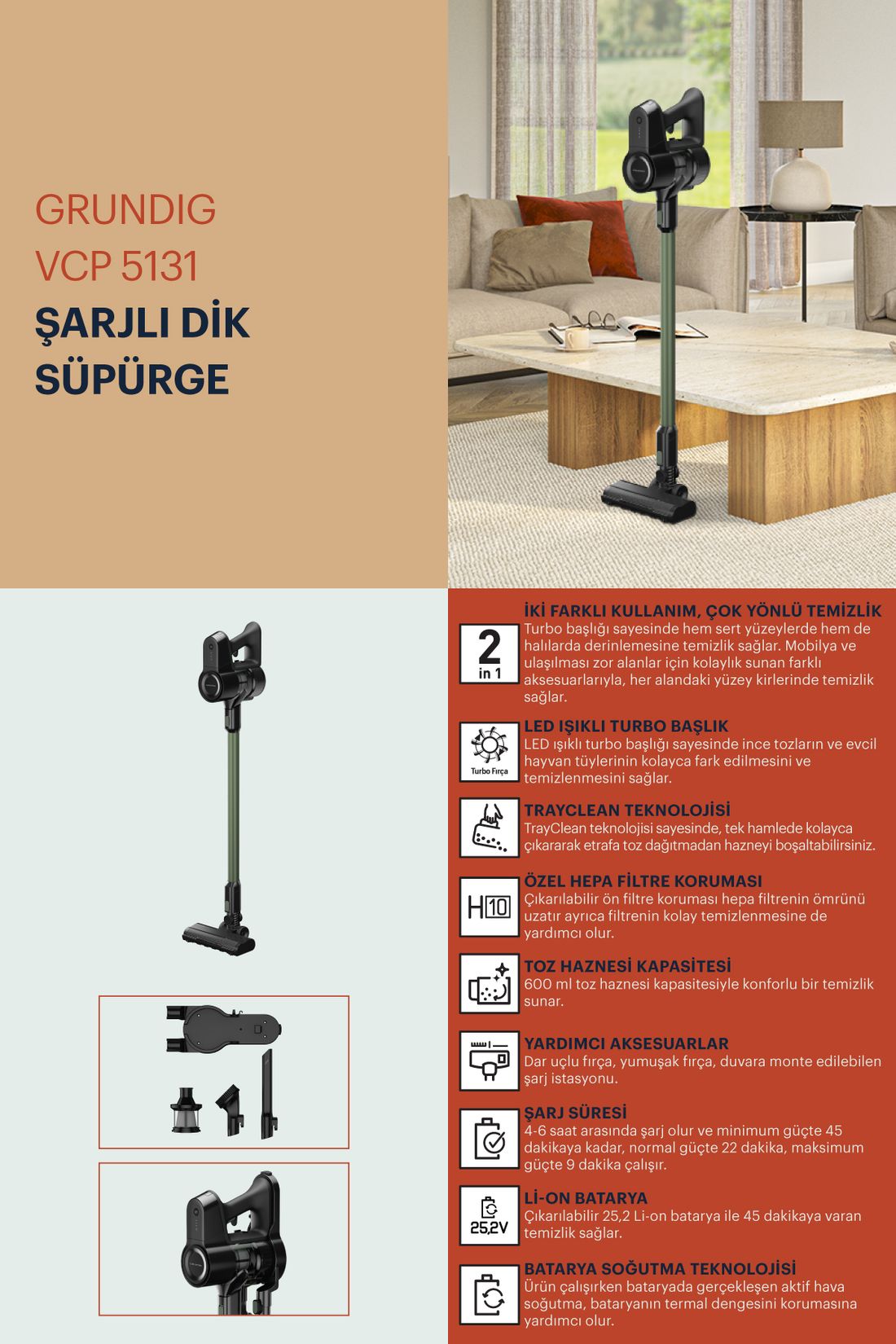 Grundig VCP 5131 Kablosuz Dikey Şarjlı Süpürge