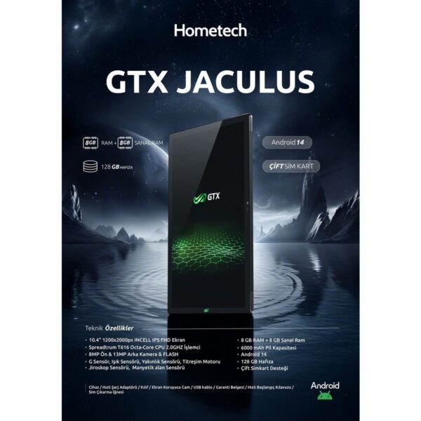 Gtx Jaculus 10.4″ FHD 8-Core Tablet 128 gb Depolama 8 gb RAM Android 12 Siyah Renk