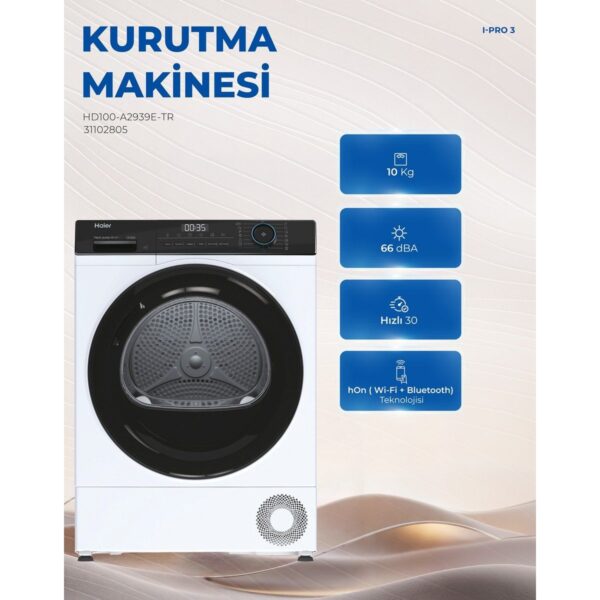 Haier HD100-A2939E-TR 10 kg Wi-Fi Bağlantılı Isı Pompalı Kurutma Makinesi