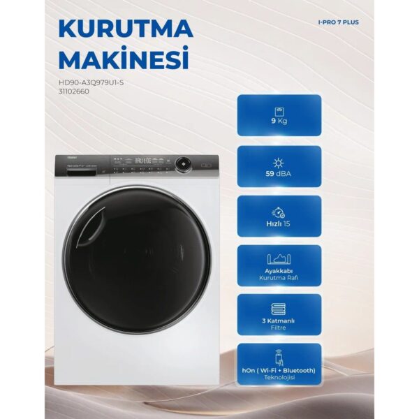 Haier HD90-A3Q979U1-S 9 kg Wi-Fi Bağlantılı Isı Pompalı Kurutma Makinesi