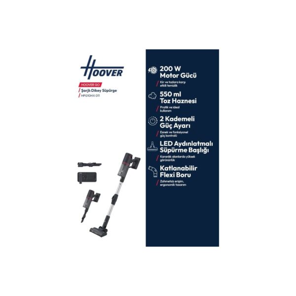 Hoover HFG10HX 011 Şarjlı Dikey Süpürge, Cyclone technology, 0,7 litre toz haznesi kapasitesi, 450 V, 45 dakikaya kadar çalışma süresi