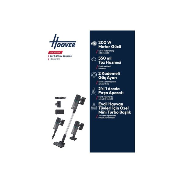 Hoover Kablosuz Dikey Süpürge 45 Dakika Kullanım 200W Motor Evcil Hayvan Tüy Toplama Başlıklı HFG10P 011