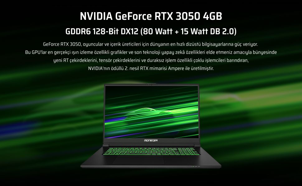 Monster Abra A7 V15.6.4 Intel Core 7 250H 16 GB RAM 1 TB SSD 4 GB RTX 3050 FreeDOS 17,3" 144 Hz Oyun Bilgisayarı