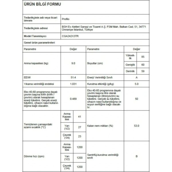 Profilo CGA242X3TR 9 kg Yıkama Kapasiteli A Enerji Sınıfı 1200 Devir Çamaşır Makinesi