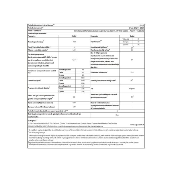 Uğur Ucm 31214 B101 A Enerji Sınıfı 12 kg 1350 Devir Çamaşır Makinesi