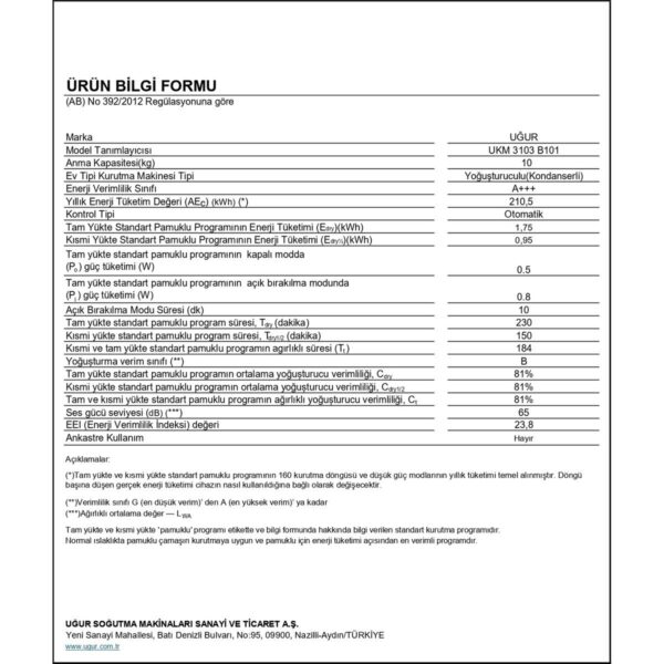 Uğur Ukm 3103 B101 10 kg Çamaşır Kurutma Makinesi